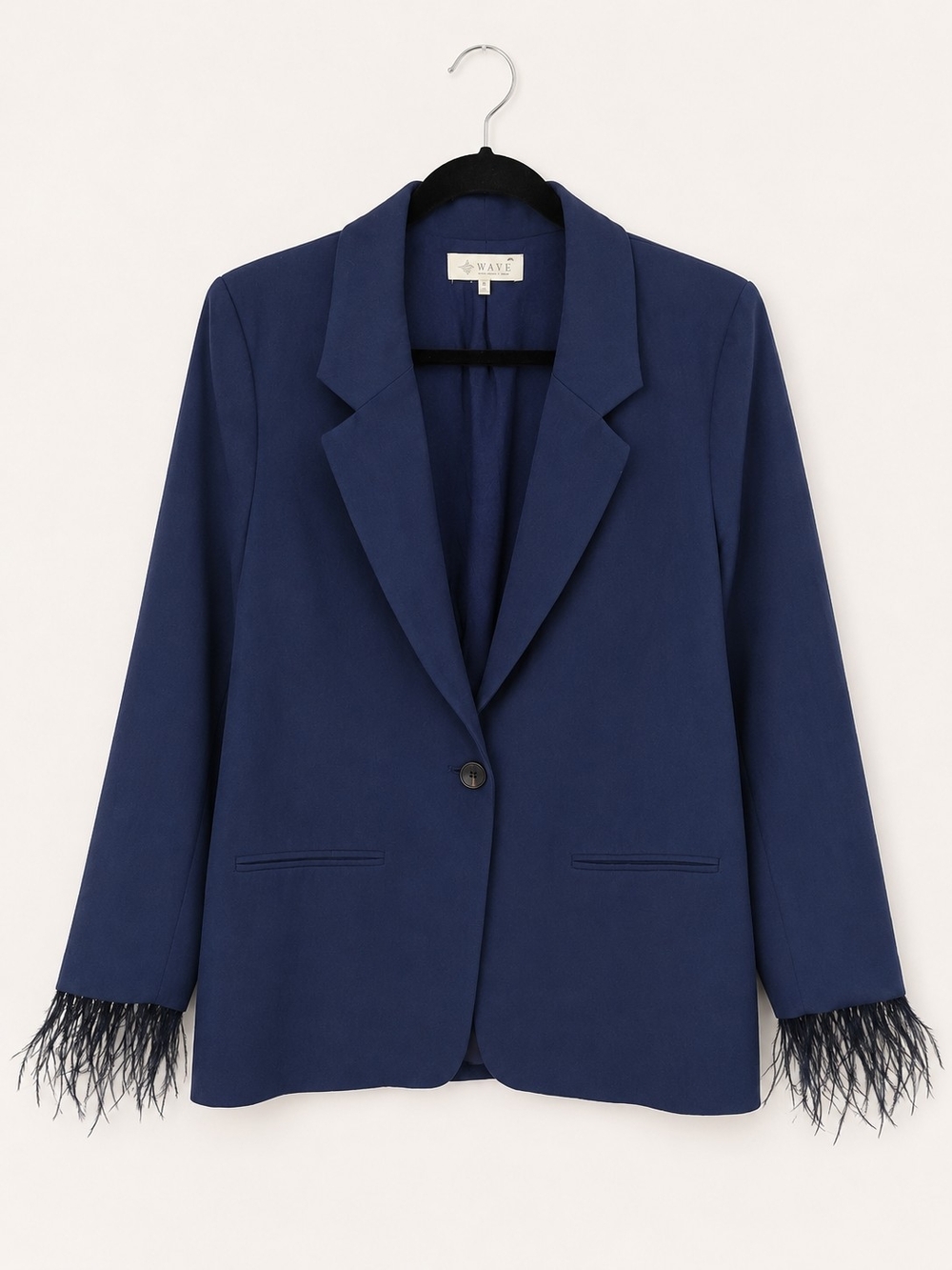 WAYF Romee Navy Blue Faux Feather Cuff Single Button Blazer-Suze M